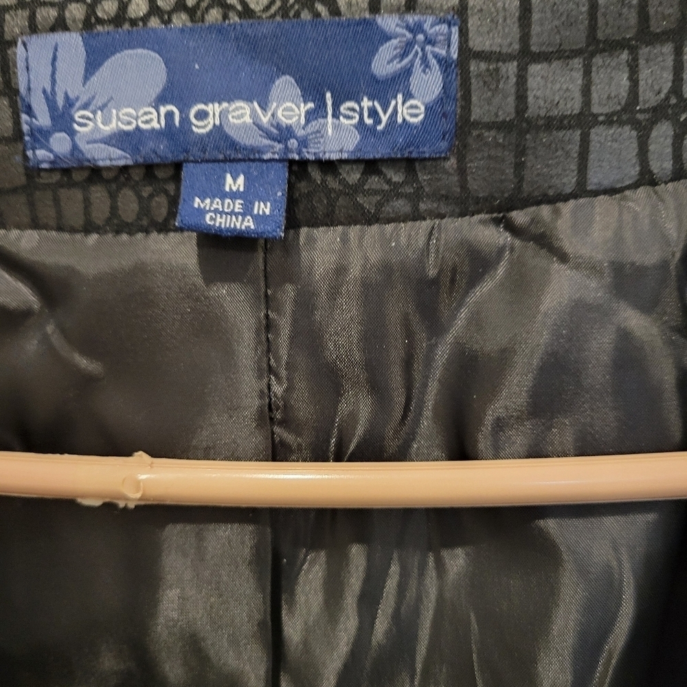 Susan Graver Womans Zipper Front Casual Lined Jacket Black On Black Print MED - Picture 3 of 8